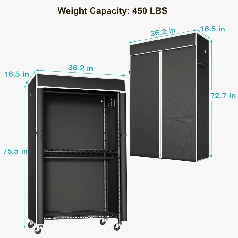 NIB- XL Carbon Steel Wardrobe- wheels/Cover Super Heavy-Duty holds up to 450 LBS